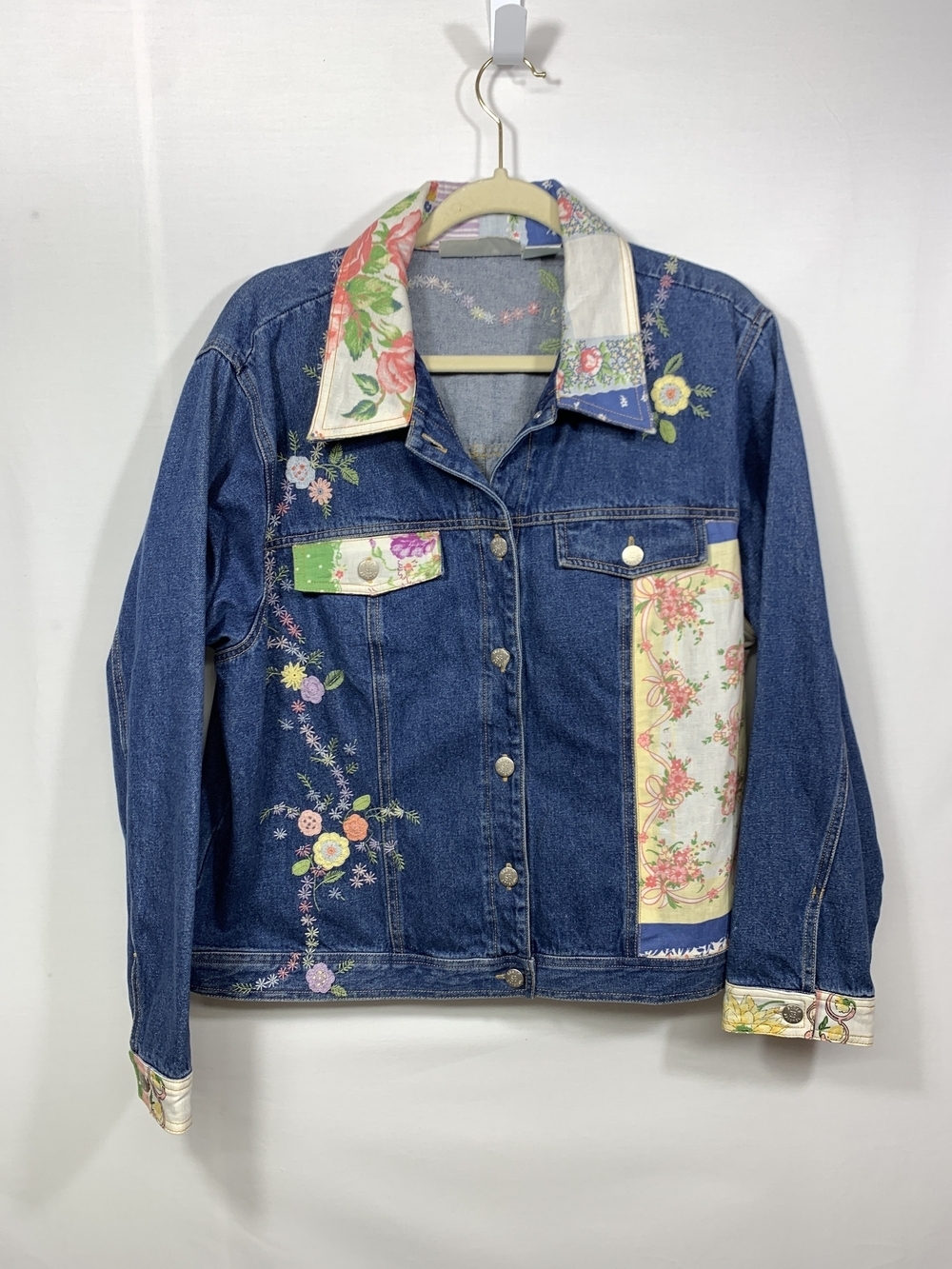 Susan Bristol Blue Denim Jacket with Pastel Floral Bow Patchwork Trim - Picture 2 of 13